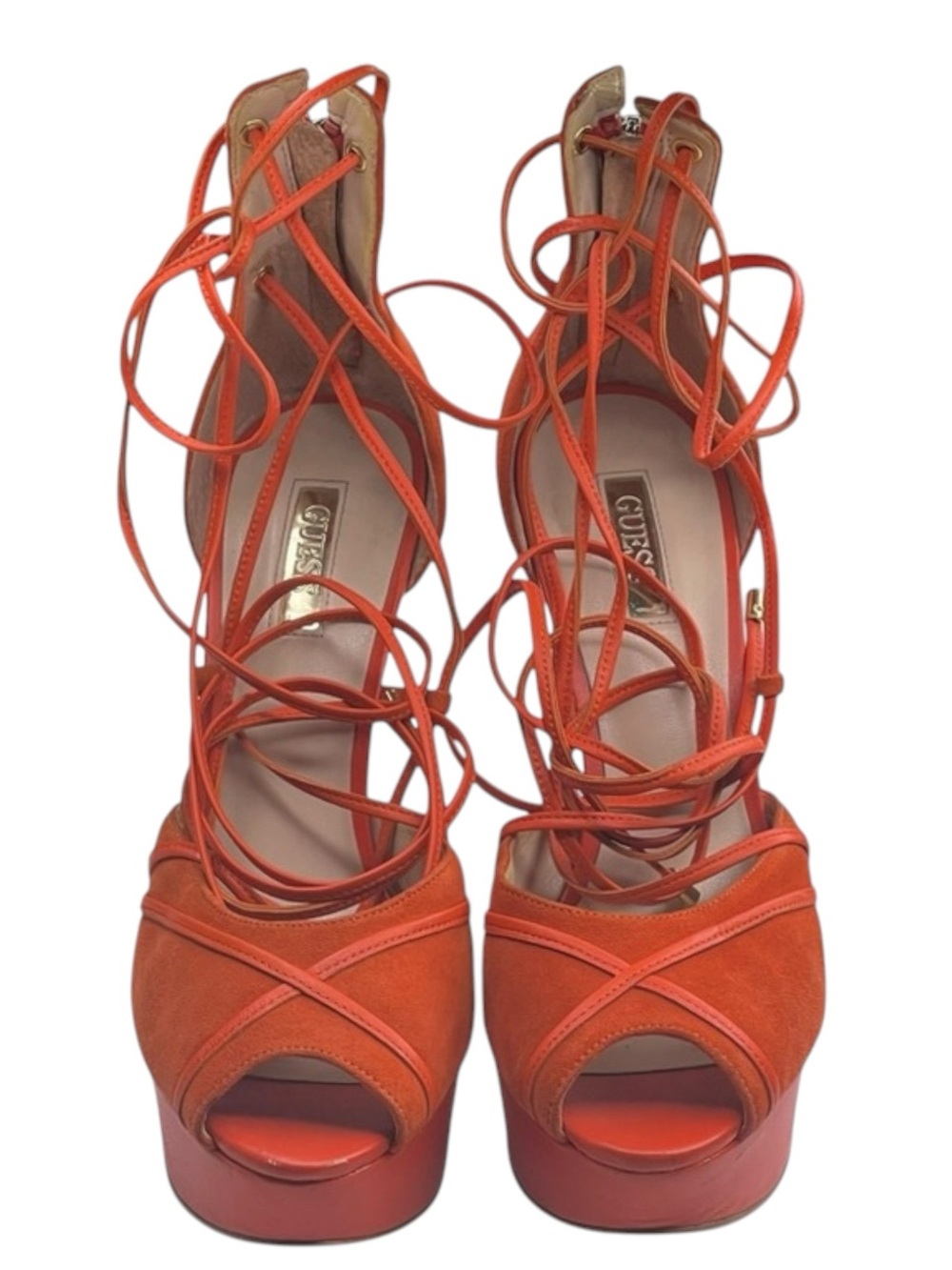 Guess ᯾ Raja Ankle Wrap Platform Stiletto Peep Toe Heels ᯾ Orange Suede ᯾ 8M - Picture 9 of 16